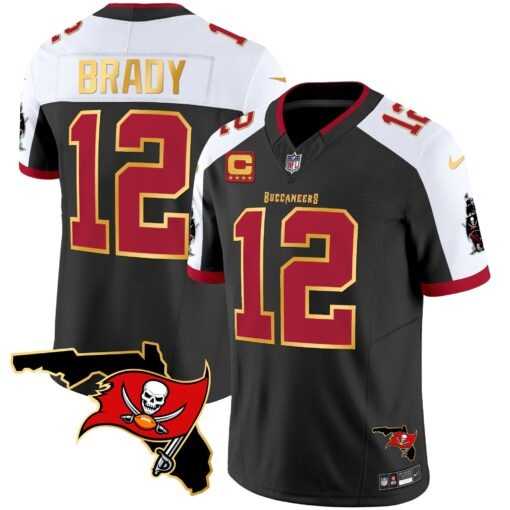 Mens Tampa Bay Buccaneers #12 Tom Brady Black White With Florida Patch Gold Trim Vapor Stitched Jersey Dyin